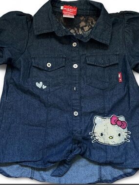 Hello Kitty Dark Blue Denim Button-Down Shirt with Pink Bow Patch